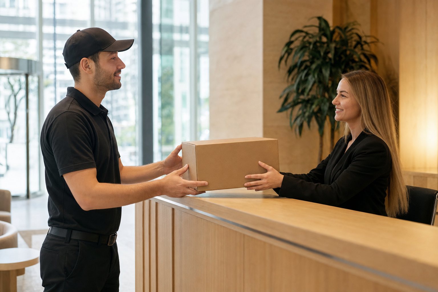 A courier handing a document box to a receptionist at an office front desk