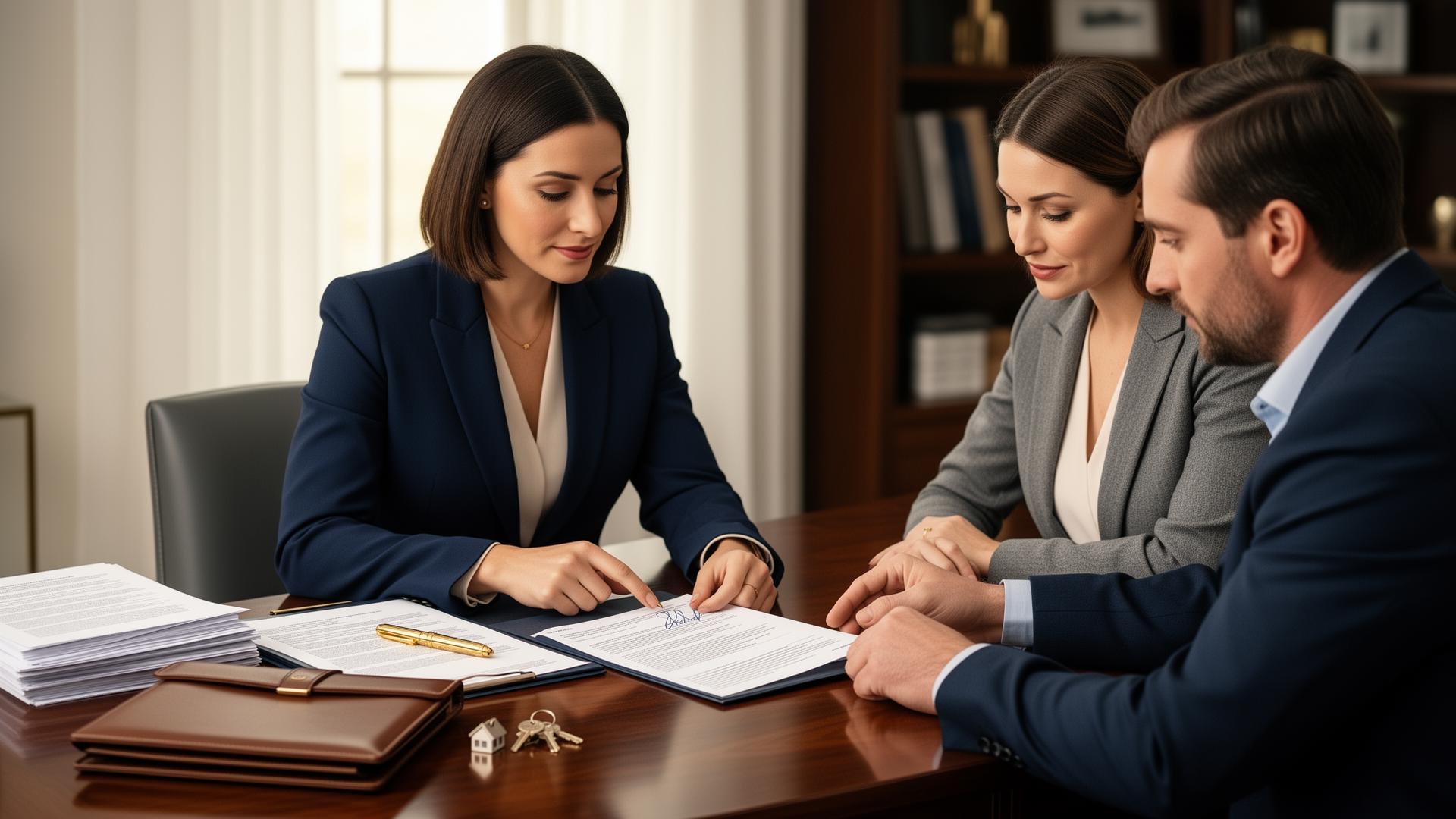 A notary guiding clients through loan documents at a signing table, house keys beside the paperwork