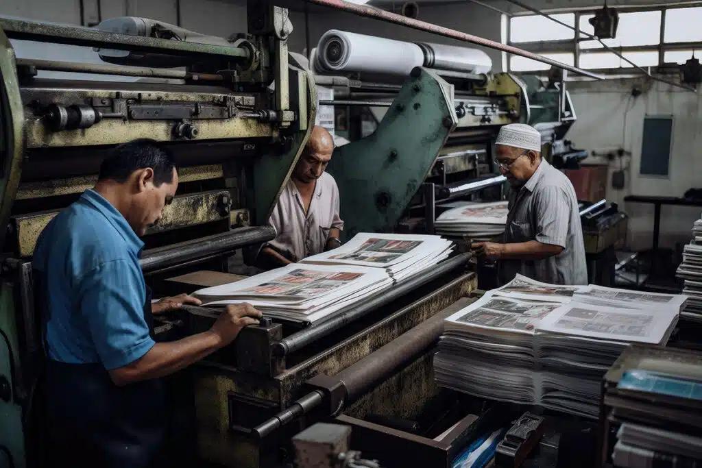 Press operators producing a high-volume print run, stacks of finished pages beside the press