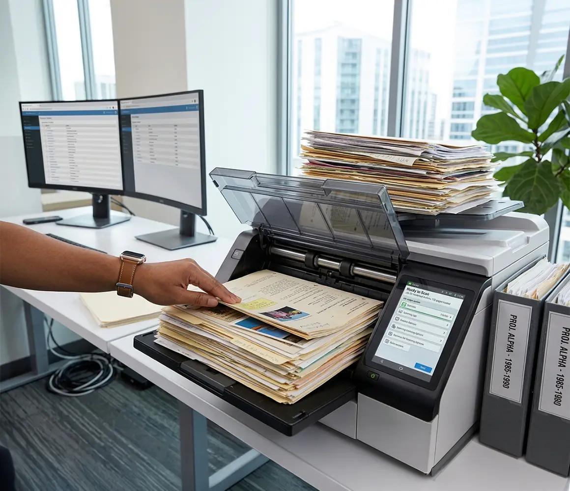 A production scanner digitizing a tall stack of case files in an office